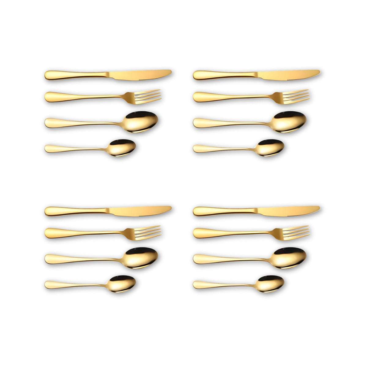 Four place settings of the Eleven Formula 16 Piece Gold Stainless Steel Silverware Set arranged neatly to show full set contents.