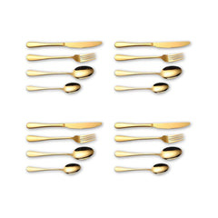 Four place settings of the Eleven Formula 16 Piece Gold Stainless Steel Silverware Set arranged neatly to show full set contents.