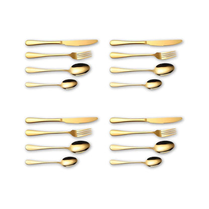 Four place settings of the Eleven Formula 16 Piece Gold Stainless Steel Silverware Set arranged neatly to show full set contents.