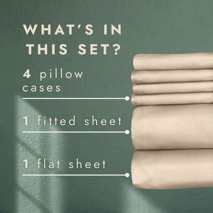Regal Comfort California King Sheet Set 1600 Series includes 4 pillowcases, 1 fitted sheet, and 1 flat sheet, shown stacked against a green wall.