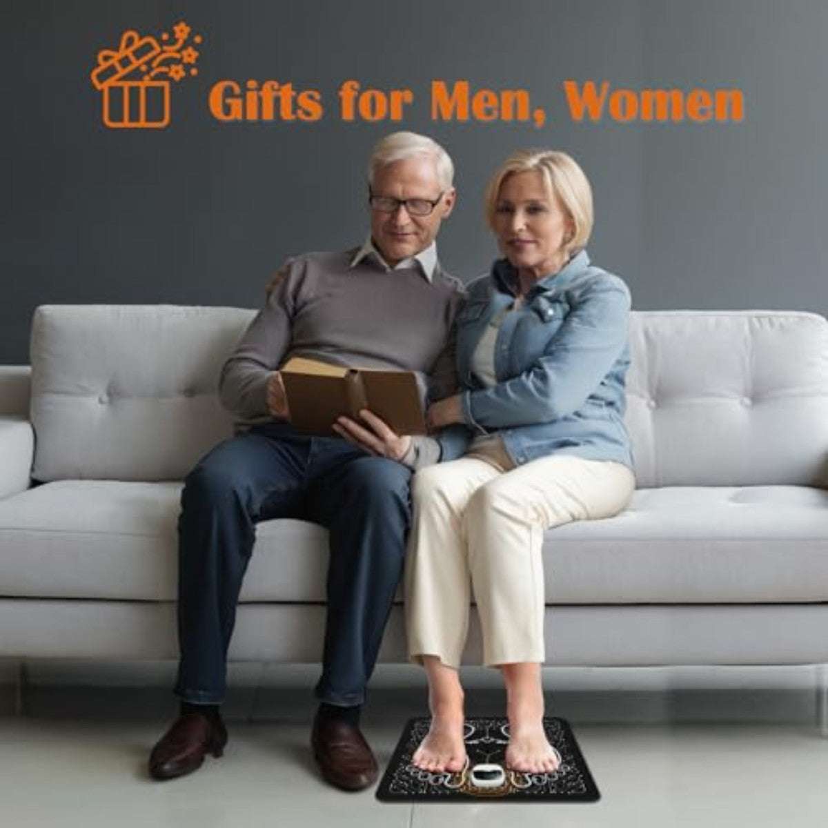 Elderly couple using CrazySun EMS Foot Massager Mat Rechargeable Wellness Support on sofa, ideal gift for men and women for foot relaxation.