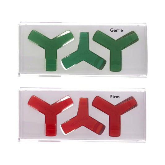 Munchies Maxx Aligner Seaters Refill Pack Gentle & Firm 6 Count in clear case, featuring 3 green gentle and 3 red firm silicone chewies.