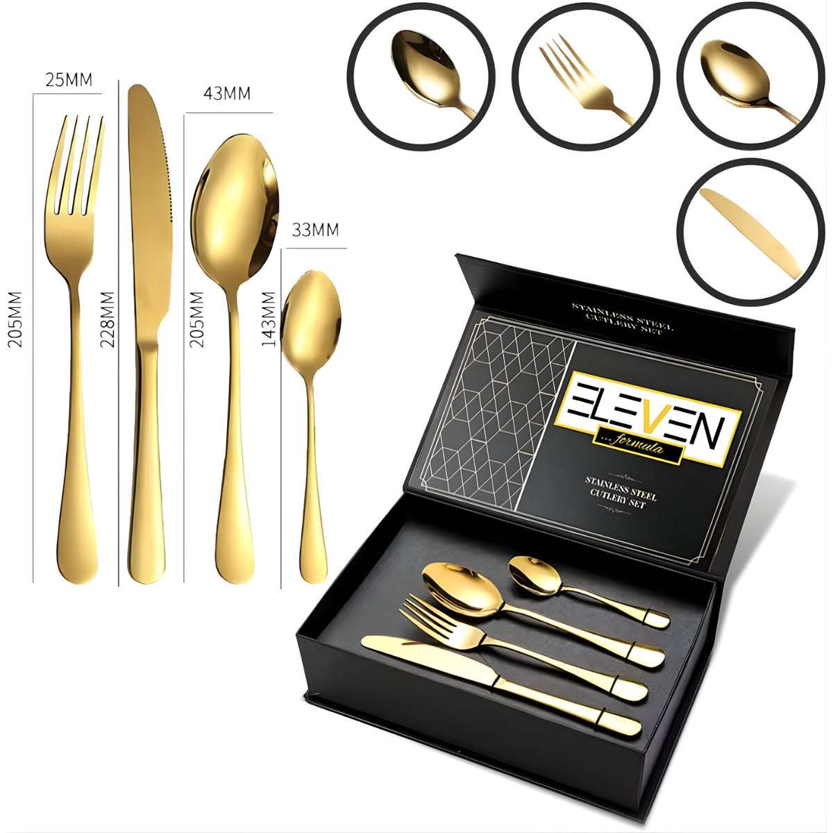 Complete Eleven Formula 16 Piece Gold Stainless Steel Silverware Set in gift box with utensil dimensions and close-up design details.