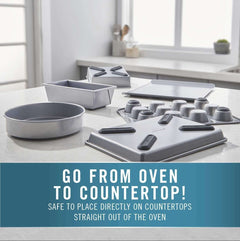 Calphalon 6 Piece Nonstick Bakeware Set Steel Baking Pans shown on countertop, safe to place directly from oven to surface without damage.