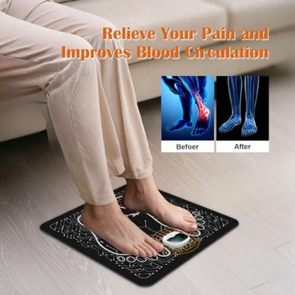 Feet on CrazySun EMS Foot Massager Mat Rechargeable Wellness Support, promoting pain relief and improved blood circulation with EMS technology.