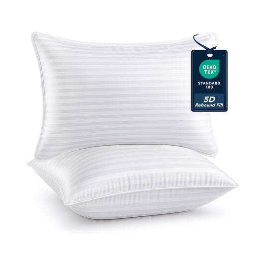 Deconovo King Cooling Pillows 2-Pack Down Alternative with OEKO-TEX certification and 5D rebound fill, ideal for breathable, cool sleep.