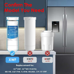 Waterdrop XWF Refrigerator Water Filter fits GE XWF models only; not compatible with XWFE or MWF filters, ideal for kitchen appliance accessories.