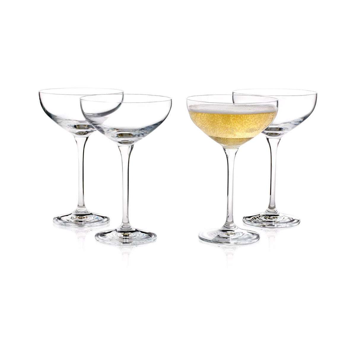 Hotel Collection Champagne Coupe Glasses Set of 4 9.7 oz featuring elegant, wide bowls and tall stems, ideal for serving sparkling cocktails.