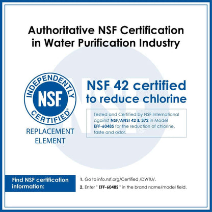 NSF 42 certified Waterdrop XWF Refrigerator Water Filter reduces chlorine, taste, and odor for safer, cleaner drinking water in your kitchen.