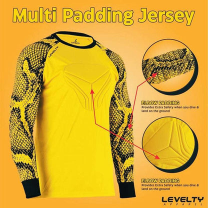 Levelty padded goalkeeper jersey long sleeve yellow featuring detailed callouts of elbow and chest padding for added protection during dives.