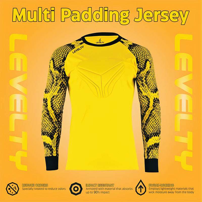 Levelty padded goalkeeper jersey long sleeve yellow with impact-resistant padding, odor-reducing fabric, and sweat-wicking technology.