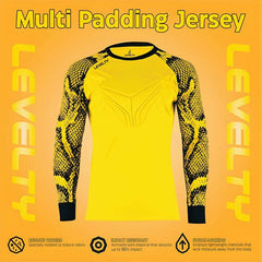Levelty padded goalkeeper jersey long sleeve yellow with impact-resistant padding, odor-reducing fabric, and sweat-wicking technology.
