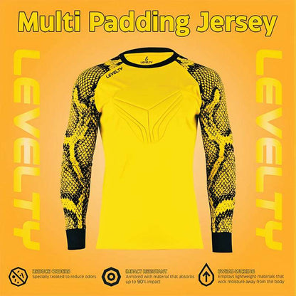 Levelty padded goalkeeper jersey long sleeve yellow with impact-resistant padding, odor-reducing fabric, and sweat-wicking technology.