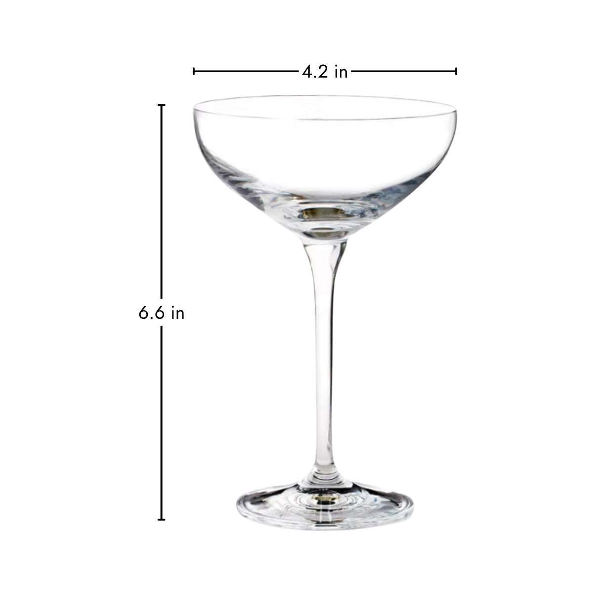 Single Hotel Collection Champagne Coupe Glass 9.7 oz with dimensions 6.6 in tall and 4.2 in wide, showcasing its refined shape and proportions.