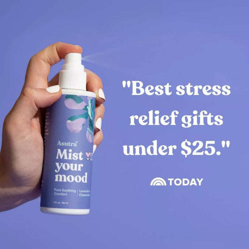 Hand holding Asutra Lavender Chamomile Room Spray Mist Your Mood 4 oz with quote 'Best stress relief gifts under $25' from TODAY.
