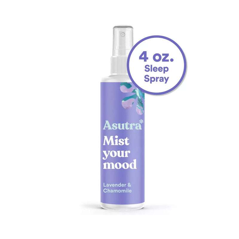 Asutra Lavender Chamomile Room Spray Mist Your Mood 4 oz bottle with calming sleep spray label in purple and white design.