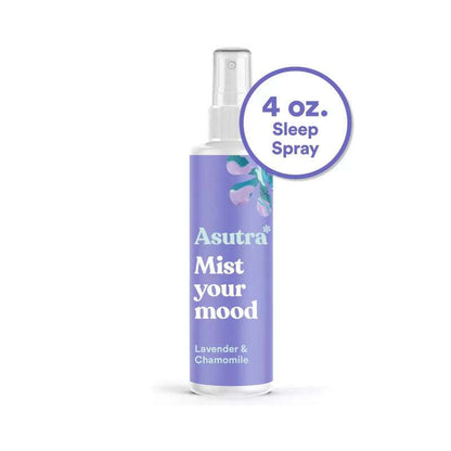 Asutra Lavender Chamomile Room Spray Mist Your Mood 4 oz bottle with calming sleep spray label in purple and white design.