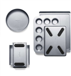 Calphalon 6 Piece Nonstick Bakeware Set Steel Baking Pans with round, loaf, muffin, and cookie sheet pans in durable nonstick steel construction.