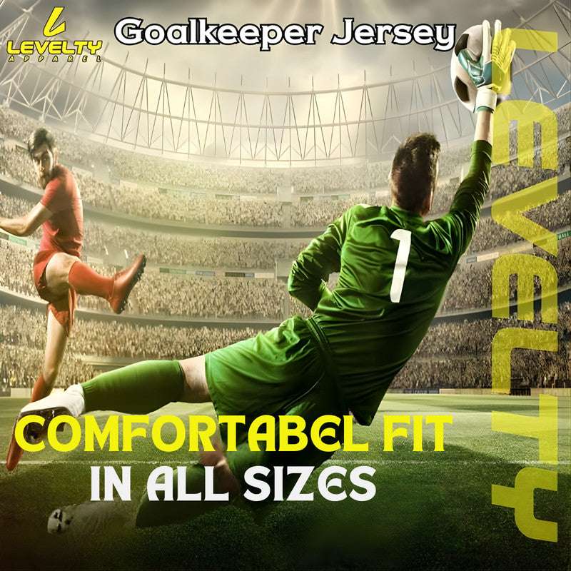 Levelty goalkeeper jersey shown in action on soccer field, highlighting comfortable fit in all sizes for adult and youth players.