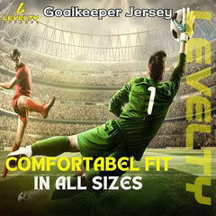 Levelty goalkeeper jersey shown in action on soccer field, highlighting comfortable fit in all sizes for adult and youth players.