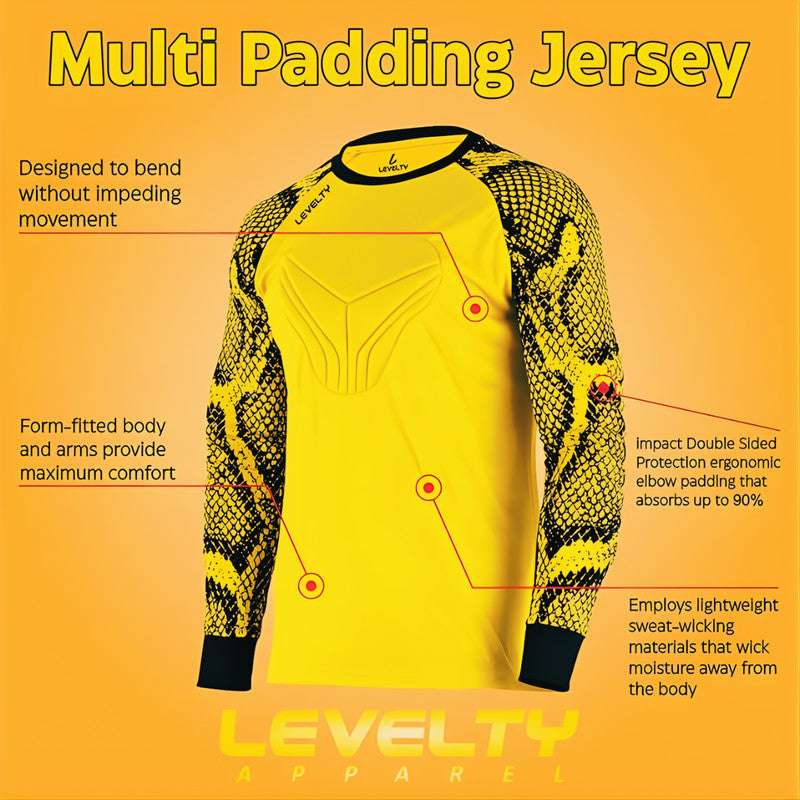 Levelty padded goalkeeper jersey long sleeve yellow with ergonomic elbow padding, flexible design, and form-fitted body for comfort and mobility.