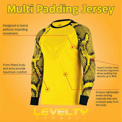 Levelty padded goalkeeper jersey long sleeve yellow with ergonomic elbow padding, flexible design, and form-fitted body for comfort and mobility.
