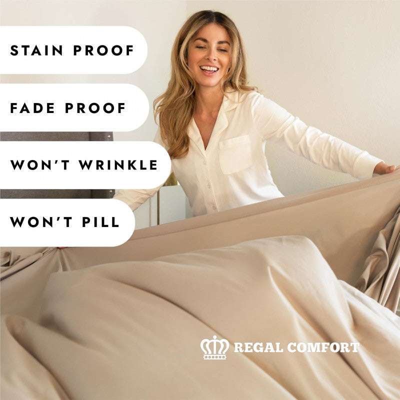 Woman holding Regal Comfort California King Sheet Set 1600 Series, showcasing its stain-proof, fade-proof, wrinkle-free, and anti-pilling features.