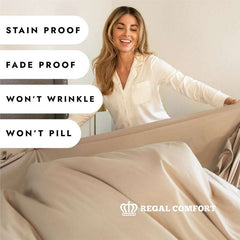 Woman holding Regal Comfort California King Sheet Set 1600 Series, showcasing its stain-proof, fade-proof, wrinkle-free, and anti-pilling features.