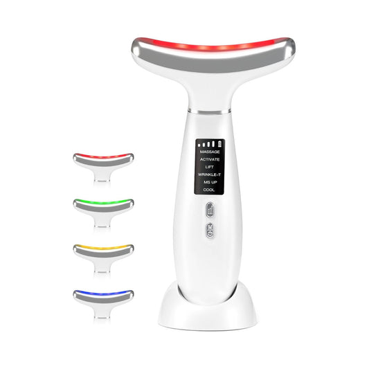 LED Face and Neck Massager Red Light Therapy Heat Vibration White with 4 color modes for skincare treatment and anti-aging benefits.