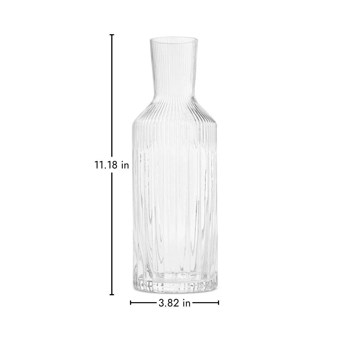 Hotel Collection fluted glass carafe 45.64 oz with dimensions 11.18 in height and 3.82 in diameter, ideal for stylish drink presentation.