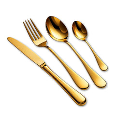 Eleven Formula 16 Piece Gold Stainless Steel Silverware Set featuring a knife, fork, tablespoon, and teaspoon with a sleek mirror finish.