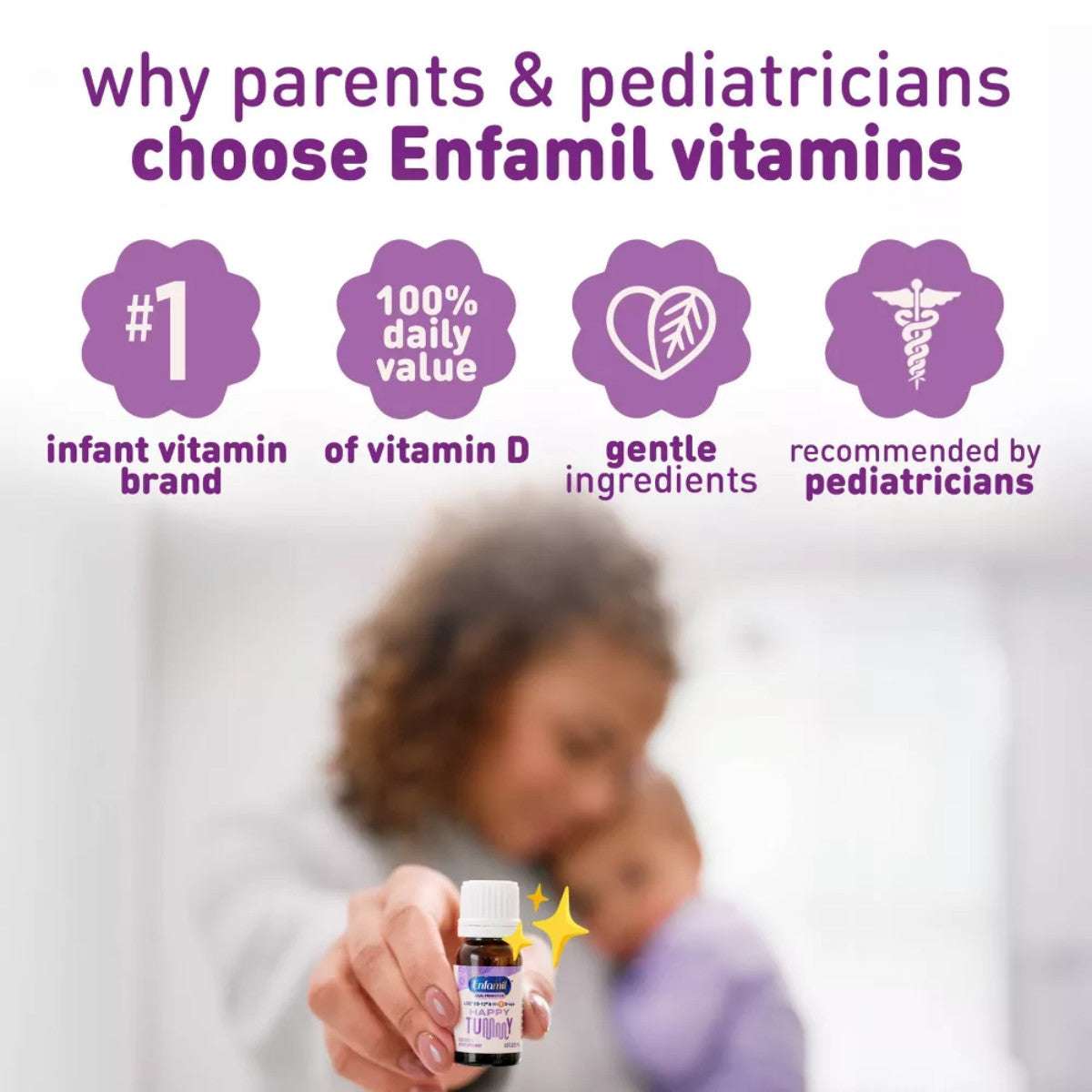 Parent holding Enfamil Dual Probiotic Infant Daily Drops with icons showing it's the #1 infant vitamin brand and recommended by pediatricians.