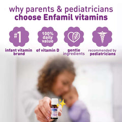 Parent holding Enfamil Dual Probiotic Infant Daily Drops with icons showing it's the #1 infant vitamin brand and recommended by pediatricians.
