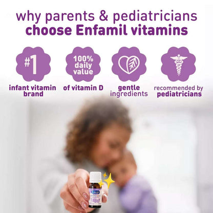 Parent holding Enfamil Dual Probiotic Infant Daily Drops with icons showing it's the #1 infant vitamin brand and recommended by pediatricians.