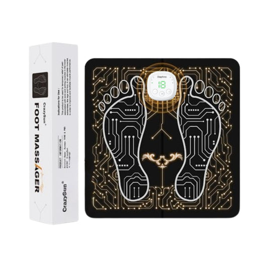 CrazySun EMS Foot Massager Mat Rechargeable Wellness Support with digital control, shown with packaging box for electric massager category.