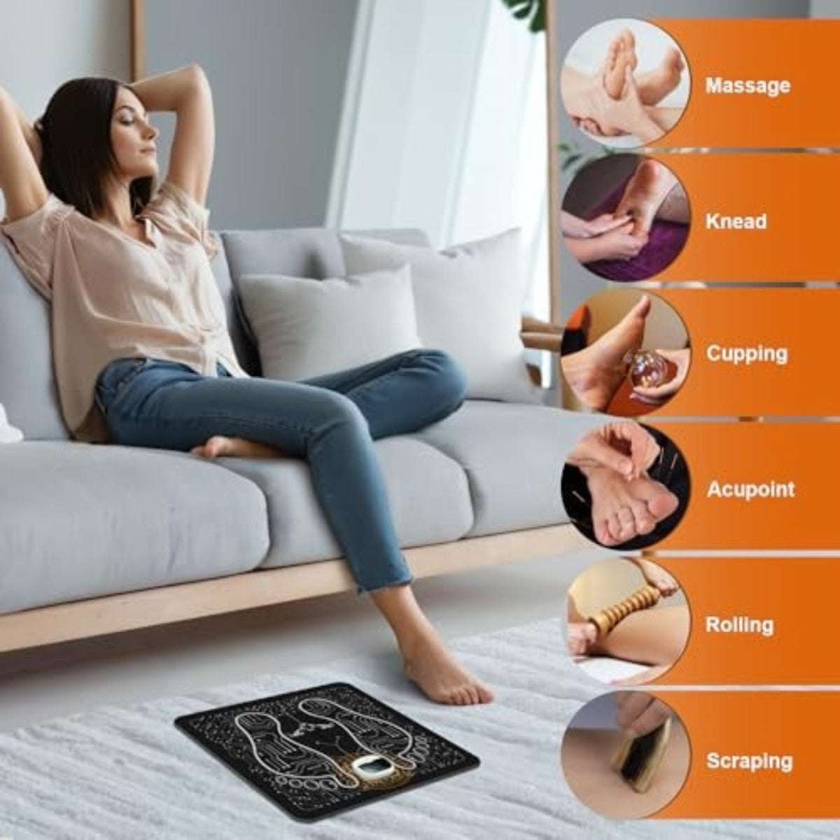 Woman relaxing with CrazySun EMS Foot Massager Mat Rechargeable Wellness Support, highlighting massage, knead, cupping, acupoint, rolling, and scraping modes.