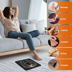 Woman relaxing with CrazySun EMS Foot Massager Mat Rechargeable Wellness Support, highlighting massage, knead, cupping, acupoint, rolling, and scraping modes.
