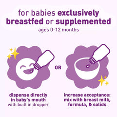Usage instructions for Enfamil Dual Probiotic Infant Daily Drops showing direct oral dropper use or mixing with breast milk, formula, or solids.