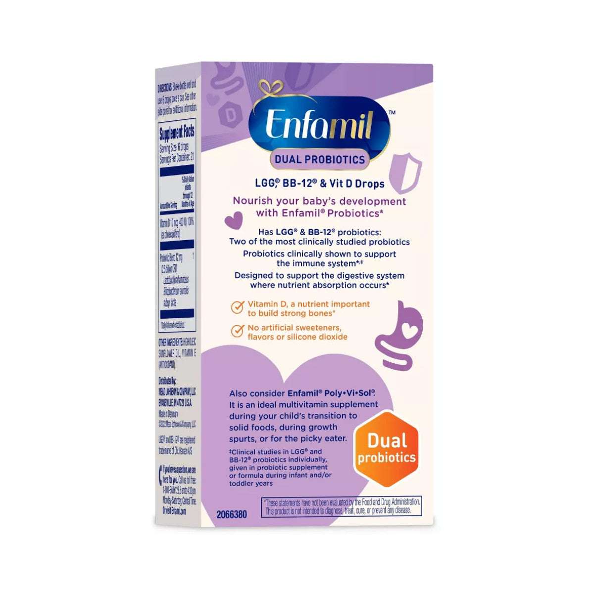 Back of Enfamil Dual Probiotic Infant Daily Drops box highlighting dual probiotics, no artificial sweeteners, and support for immune and digestive systems.