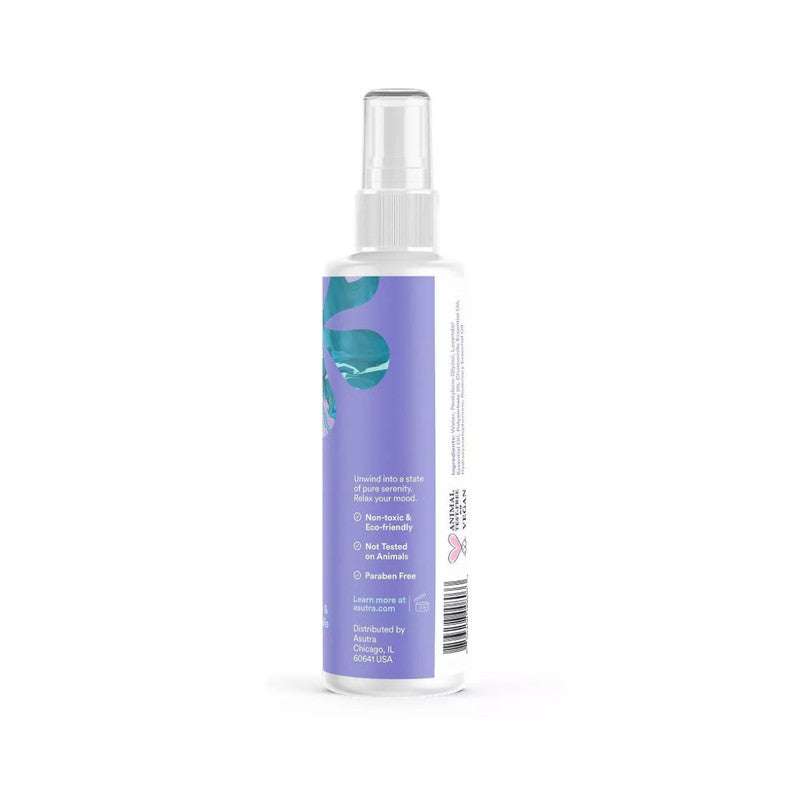 Side view of Asutra Lavender Chamomile Room Spray Mist Your Mood 4 oz highlighting non-toxic, paraben-free, and cruelty-free features.
