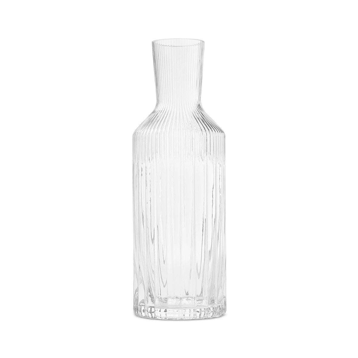 Hotel Collection Fluted Glass Carafe Handmade 45.64 oz with vertical ribbed texture, ideal for elegant beverage serving.