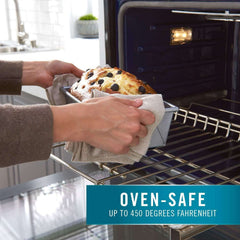 Calphalon 6 Piece Nonstick Bakeware Set Steel Baking Pans loaf pan being placed in oven, oven-safe up to 450 degrees Fahrenheit for versatile baking.