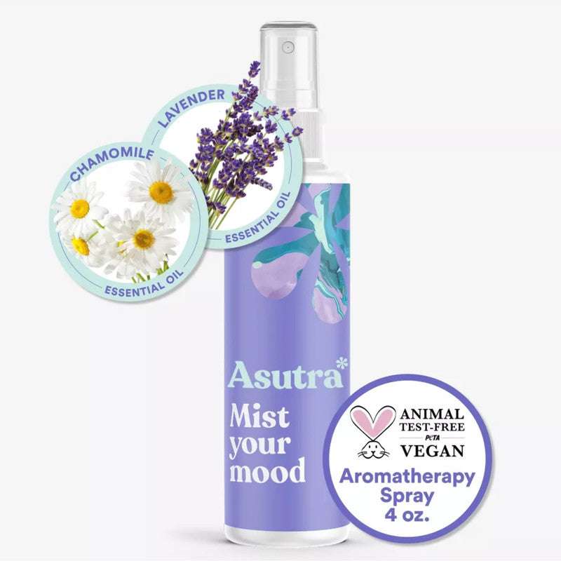 Asutra Lavender Chamomile Room Spray Mist Your Mood 4 oz with chamomile and lavender essential oil icons and vegan, cruelty-free badge.