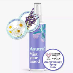 Asutra Lavender Chamomile Room Spray Mist Your Mood 4 oz with chamomile and lavender essential oil icons and vegan, cruelty-free badge.