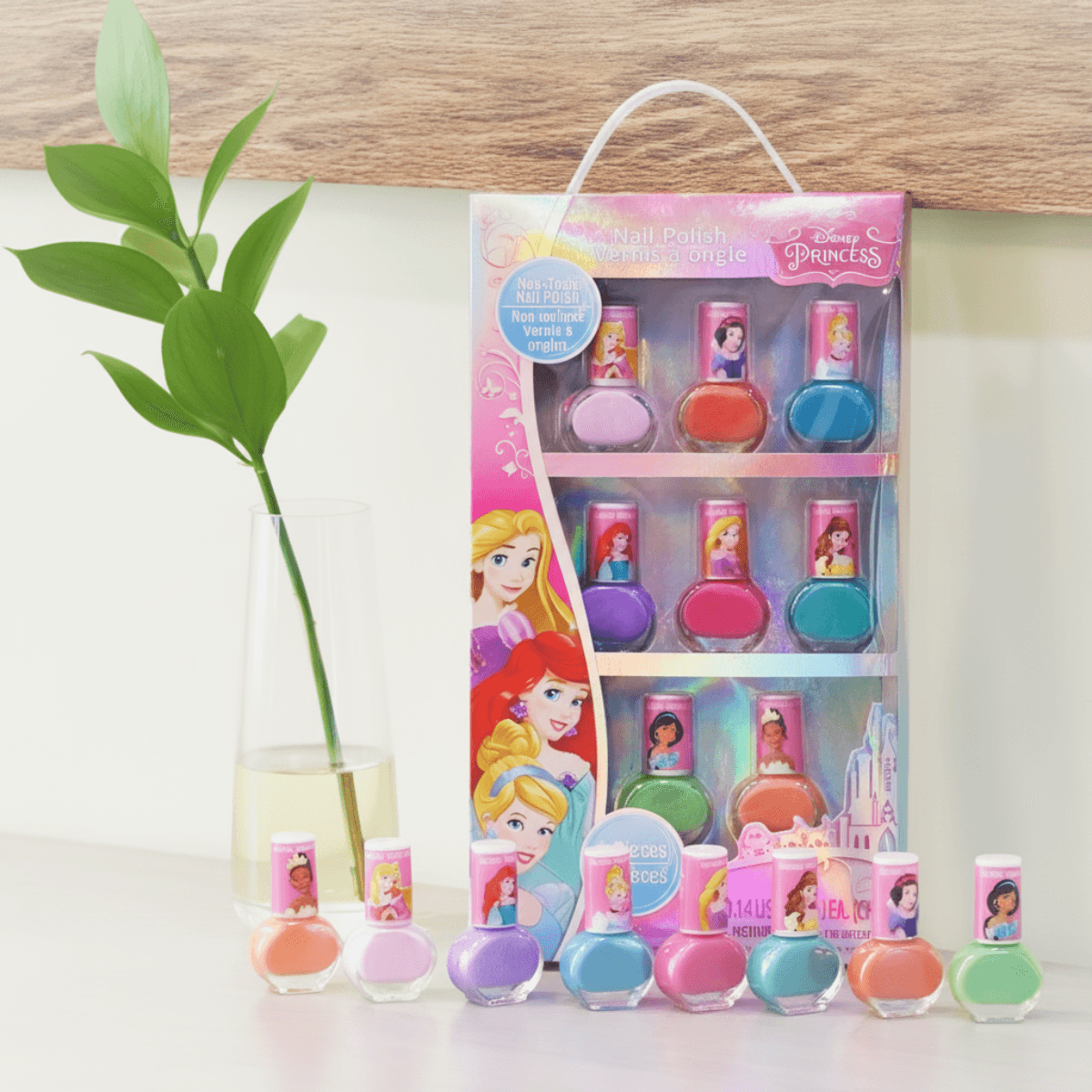 Disney Princess Nail Polish Set displayed with 8 colorful bottles. Washable, non-toxic kids' nail polish for ages 3 and up.