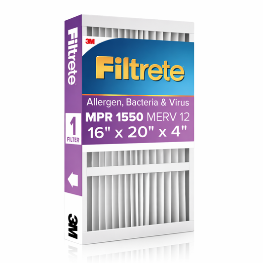 Filtrete 16x20x4 MERV 12 Air Filter MPR 1550 1-Pack pleated filter for HVAC systems, designed to capture allergens, bacteria, and viruses.