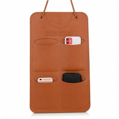 Brown leather phone holder with multiple pockets on a white background