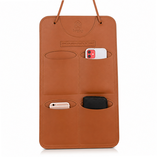 Brown leather phone holder with multiple pockets on a white background