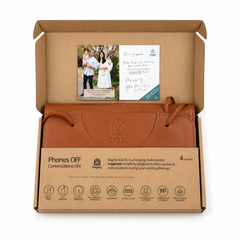Brown leather product with packaging displaying text and images on a white background