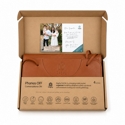 Brown leather product with packaging displaying text and images on a white background
